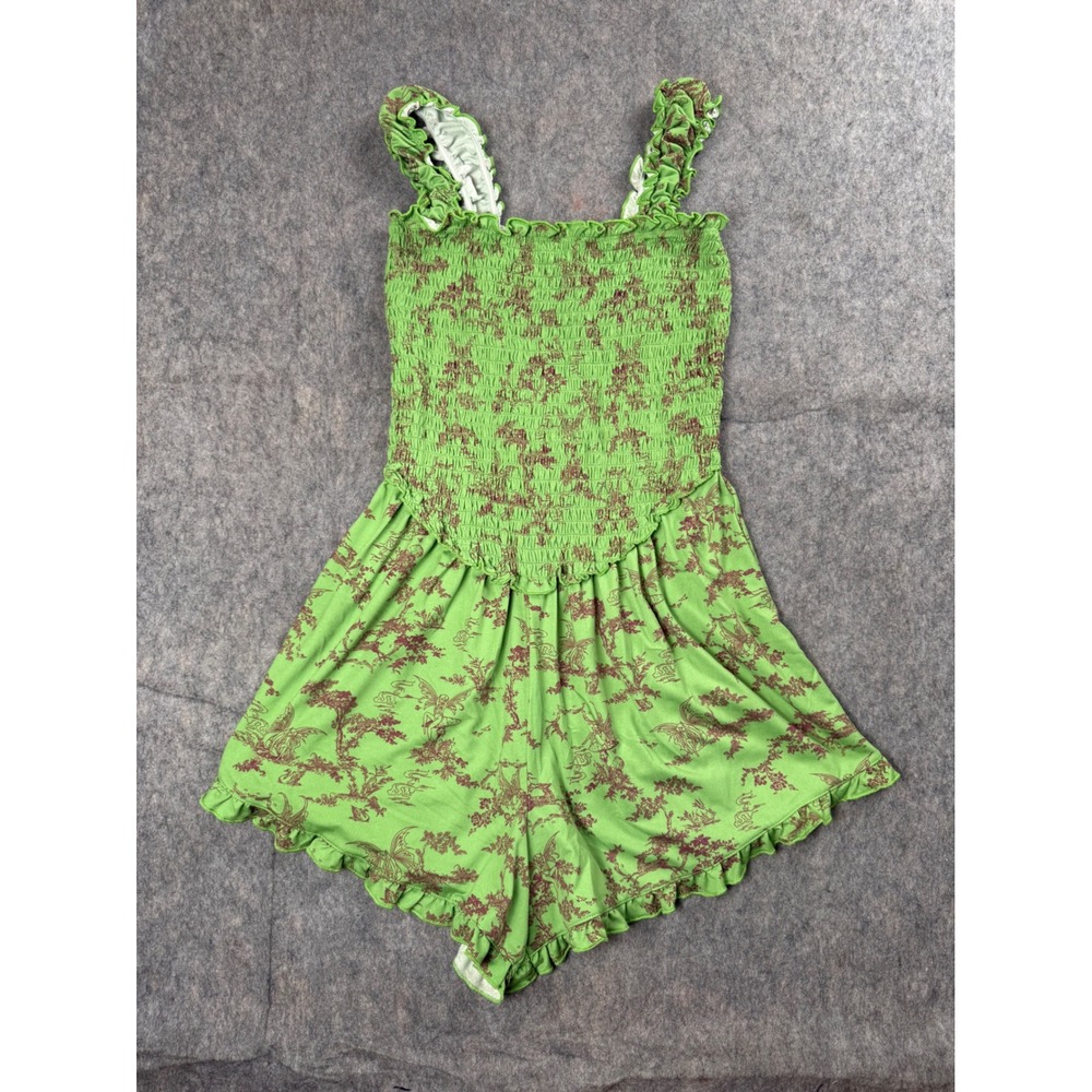 Urban Outfitters Romper Womens Medium Green Fairy Print Smocked Ruffle Boho Y2K